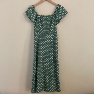 Green Dress with White Flower Midi Dress